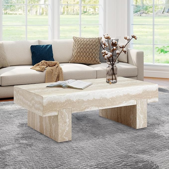 Modern Marble Coffee Table for Living Room Stone Travertine Rectangle Coffee Tables Mid Century Center Table with Storage