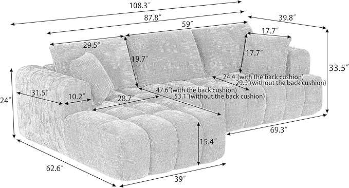108 Inch Oversized Cloud Modular Sectional Sofa with Left Facing Chaise, L Shaped Floor Lounge Couch, Comfy Tufted Chenille Boneless Sofa with Deep Seat,No Assembly Required for Living Room Office