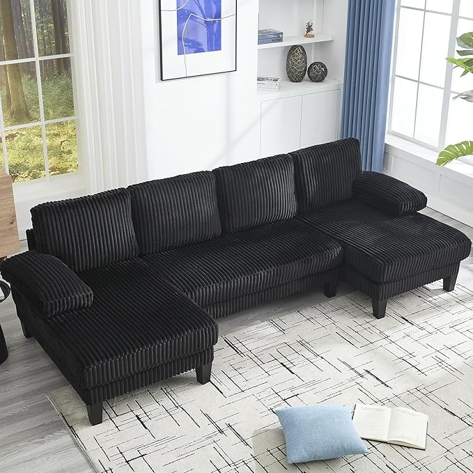 U Shaped Couch, 4-Seat Sectional Sofa with Double Chaise, Oversized Corduroy Cloud Couch for Living Room, Apartment, Black