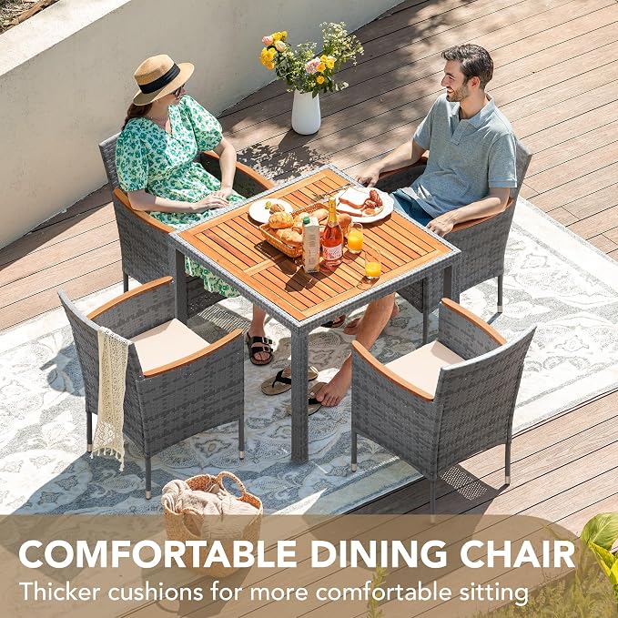 Devoko 5 PCS Furniture, Patio Conversation Set with Acacia Wood Top, Rattan Outdoor Dining Table and Chairs for Backyard, Garden, Deck, Grey - Image 5
