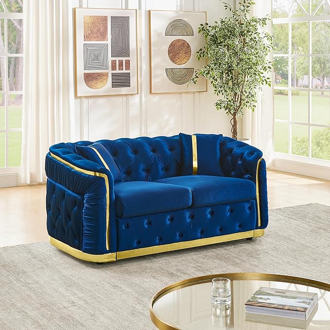 KEIKI 63" Luxury Oversized Velvet Chesterfield Sofa with 2 Pillow & Gold Stainless Decoration, Italian Modern Style 2-Seater Button Tufted Couch with Rolled Arms, Easy Assembly, for Living Room, Navy