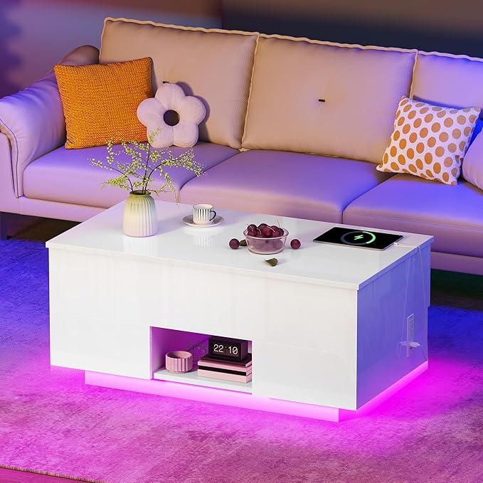 YITAHOME LED Lift Top Coffee Tables for Living Room with Power Outlets Charging Station, Modern Coffee Table with Storage 2 Drawers and Open Shelfs Rectangular Small Coffee Table Decor, Glossy White