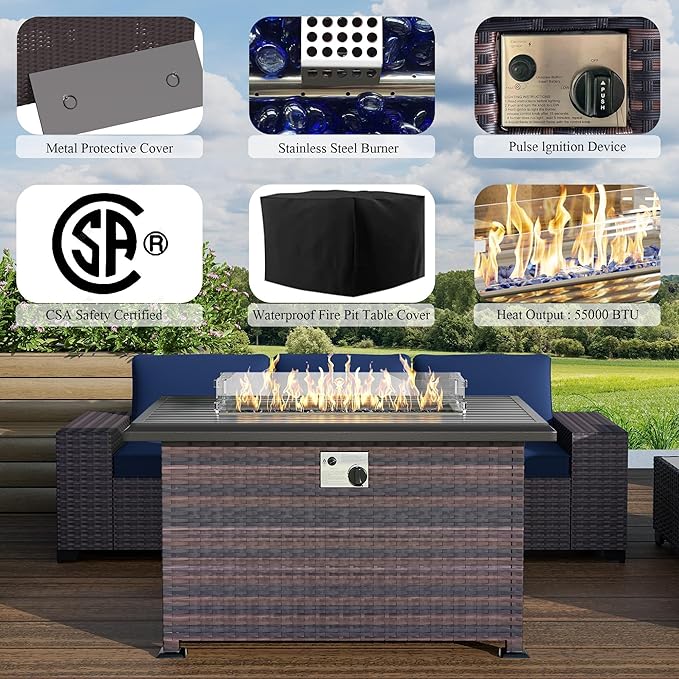 10 PCS Outdoor Patio Furniture Set,Outdoor Sectional Furniture with 43" 55000 BTU Gas Propane Fire Pit Table,PE Rattan Wicker Patio Conversation Set,Swivel Rocking Chairs Set,Navy Blue