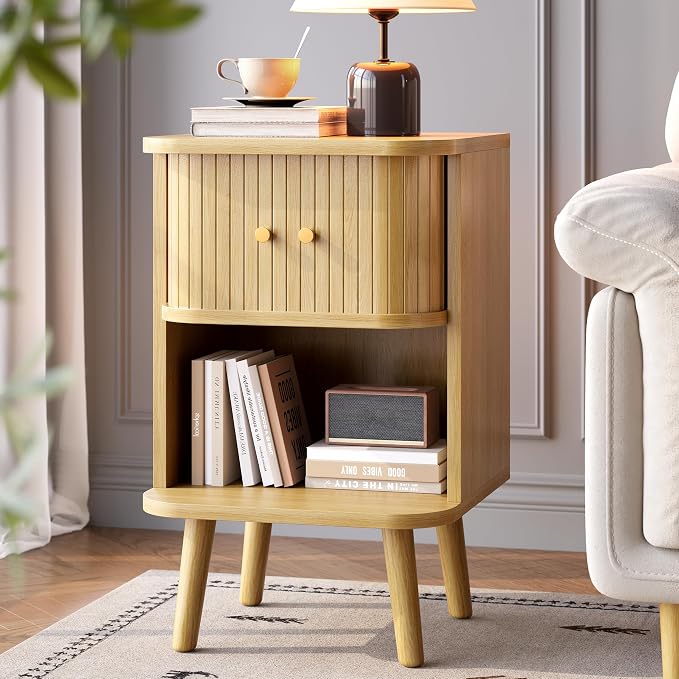 Decofy Fluted Nightstand, Mid Century Modern Bedside Table with Charging Station, Walnut End Tables with Sliding Tambour Doors, Storage Cabinet and Open Shelf for Bedroom, Oak by Decofy