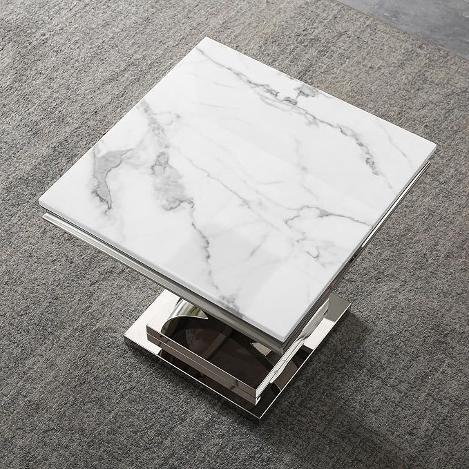 Modern Faux Marble End Table, Faux Marble Side Table with Geometric Frame, Rectangular Marble Center Table Tea Table Accent Furniture for Living Room, Simple Assembly (Silver)