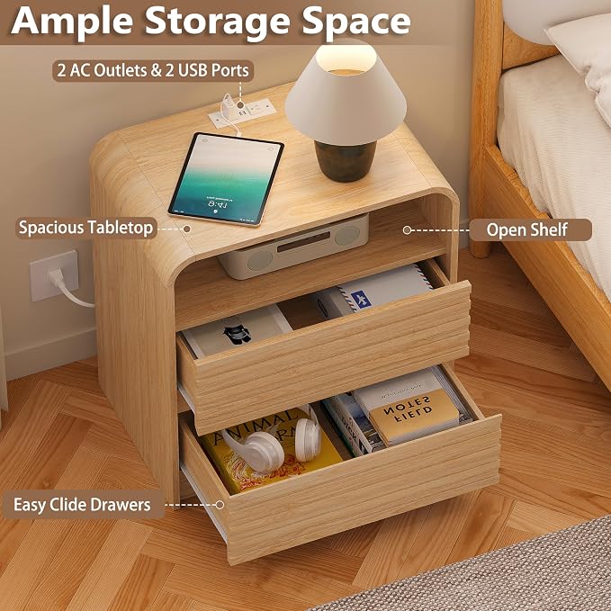Modern Nightstand with Charging Station, 23.6" Wide Wood Night Stand with 2 Storage Drawers and Curved Edge, Farmhouse Fluted Bedside Table, Bed Side Table, Small End Table for Bedroom, Natural Oak - Image 4