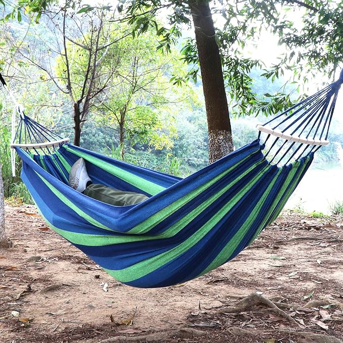 Anyoo Garden Cotton Hammock Comfortable Fabric Hammock with Spreader Bar Sturdy Hammocks Up to 450lbs Portable Lightweight Hammocks with Travel Bag for Camping Outdoor/Indoor Patio Backyard - Image 7