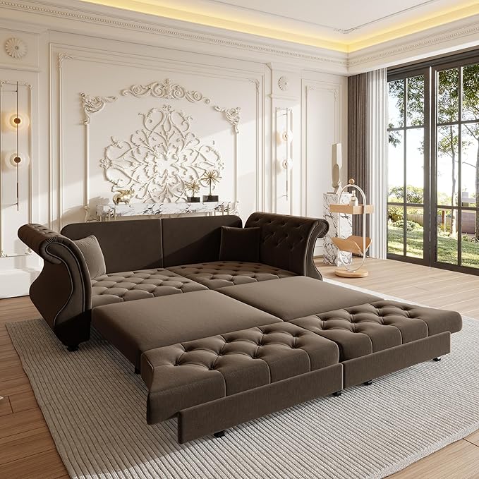 Eafurn Oversized 3-Seater Chesterfield Loveseat Convertible Queen Size Sleeper Couch Bed,Classic Tufted Velvet Pull Out Loveseat Sofa Bed with Roll Armrest and Solid Wood Legs