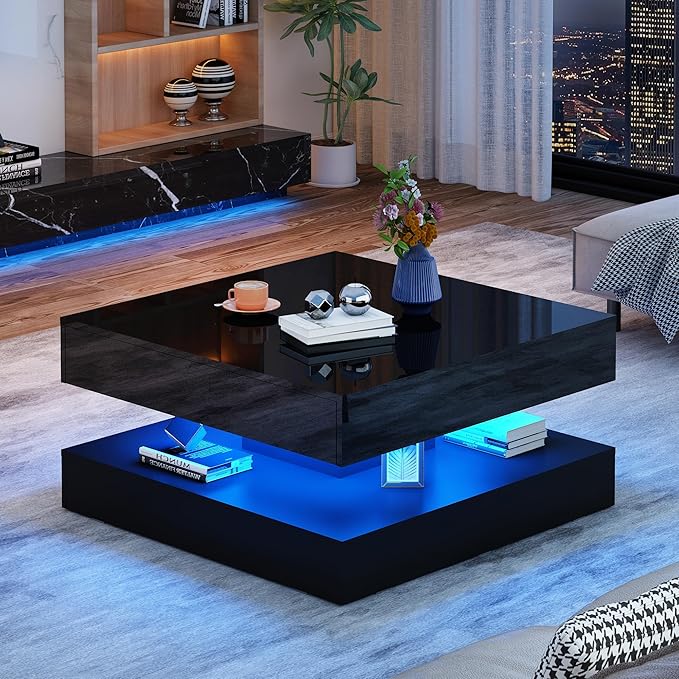 33.9" LED Coffee Table with Storage, Modern High Glossy Living Room Table w/2 Drawers,Double-Layer Design Large Square Center Table for Living Room, Home, Office, Black