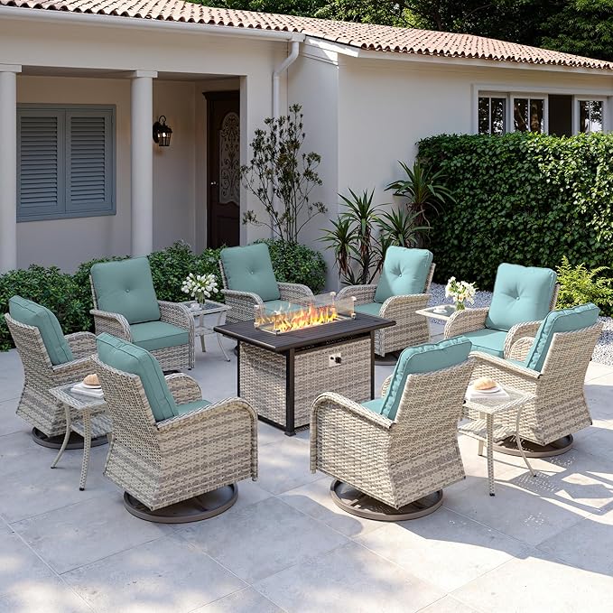 13Pcs Patio Rocking Swivel Chair with 55,000 BTU Fire Pit Table Outdoor Wicker Rattan Bistro Set with Tempered Glass Side Table, Patio Furniture Set for Garden and Balcony, Light Blue
