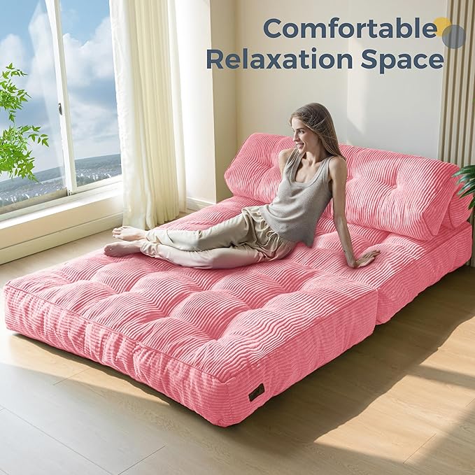 MAXYOYO Folding Sofa Bed, Convertible Sleeper Chair with Pillow Foldable Mattress with Back Support, Portable Fold Out Chair Bed Comfy Floor Sofa Lounge for Living Room Bedroom, Pink Double