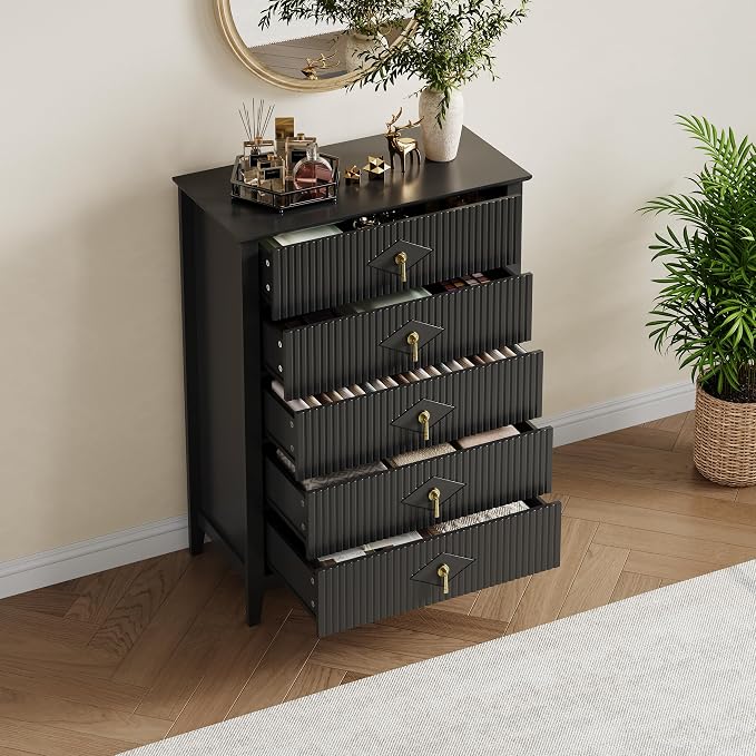 GarveeHome Fluted Dresser for Bedroom, 42.9" Tall 5-Drawer Wood Dresser, Modern Chest of Drawers, Storage Organizer Cabinet for Living Room, Hallway, Entryway, Black - Image 6