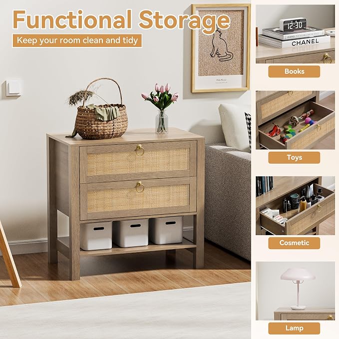 Rattan Nightstand Set of 2 with 2 Drawers and Storage Shelf, 26” Tall Wide Night Stand, Wood Large Bedside Table for Bedroom, Side Table, Carbon Cherry - Image 9
