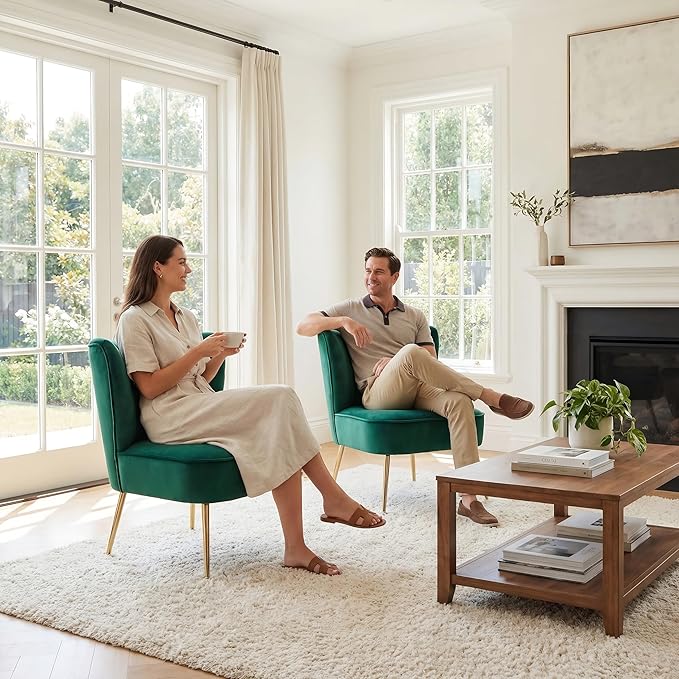 DUOMAY Modern Accent Chair Set of 2 Velvet Slipper Chair with Gold Legs Wingback Side Chair for Living Room Bedroom Entryway Small Corner Chair for Space Saving, Green