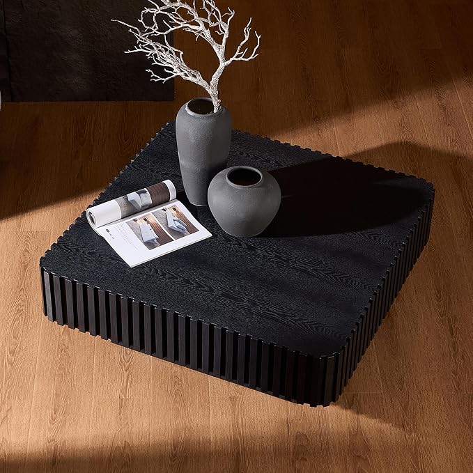 WILLIAMSPACE 35.43" Square Coffee Table with Sturdy Base, Modern Luxury Wood Drum Center Table Accent End Side Table for Living Room, Minimalist Fluted Design, Black