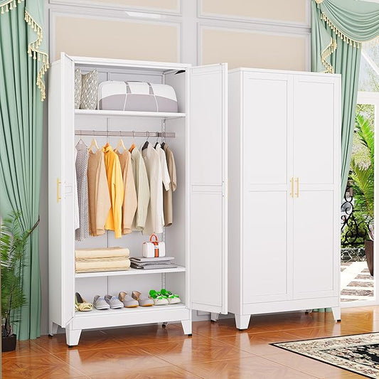 GAIOUS Metal Wardrobe Cabinet with Hanging Rod, 71" Metal Clothing Storage Cabinets with 2 Doors and Adjustable Shelves, White Armoire Wardrobe Closet for Bedroom, Laundry Room, Cloak Room