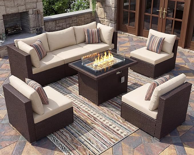 BULEXYARD 7 Pcs High Back Patio Furniture Set with Fire Pit Table Propane/Natural Gas Dual Fuel, All-Weather Outdoor Sectional Couch, Comfy Backyard Seating for Exterior, Brown Wicker & Beige Cushion
