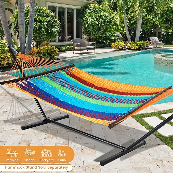 Lazy Daze Hammocks 10.5 FT Double 2 Person Caribbean Rope Hammock, Hand Woven Polyester Hammock with Spreader Bars, for Outside Outdoor Backyard Patio Poolside, 450 LBS Capacity, Multicolor - Image 2