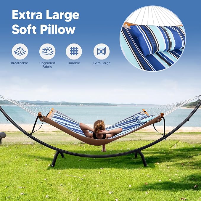 SUNCREAT Portable Outdoor Hammock with Stand, Double Hammock with Stand for Outside, Patent Pending, Blue & White - Image 7