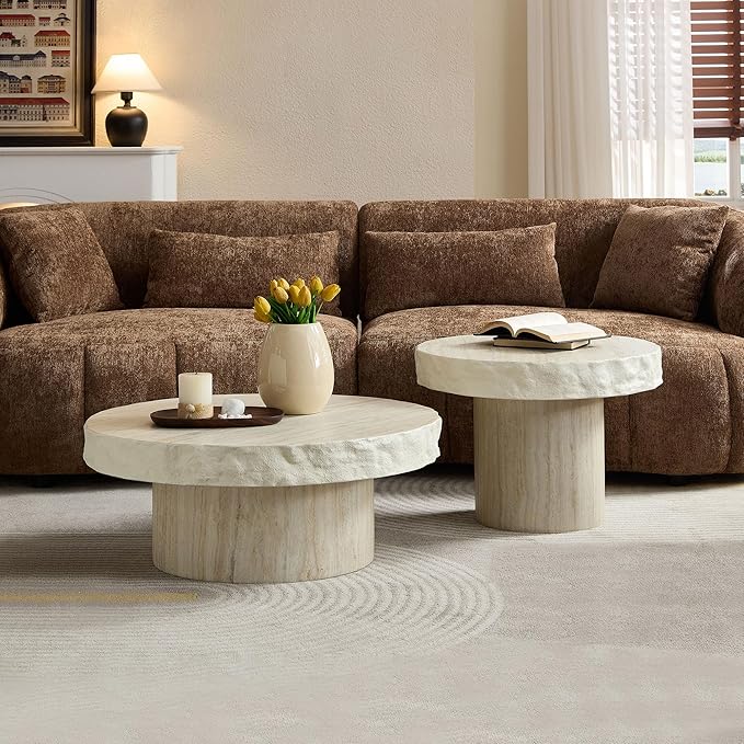 Round Coffee Table Set of 2, Faux Marble Pattern Center Table Imitation Stone Cement Table with Side Table for Living Room Apartment (Fiberglass 31.69" & 23.82")
