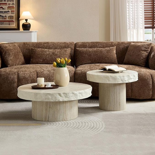 Round Coffee Table Set of 2, Faux Marble Pattern Center Table Imitation Stone Cement Table with Side Table for Living Room Apartment (Fiberglass 31.69" & 23.82")