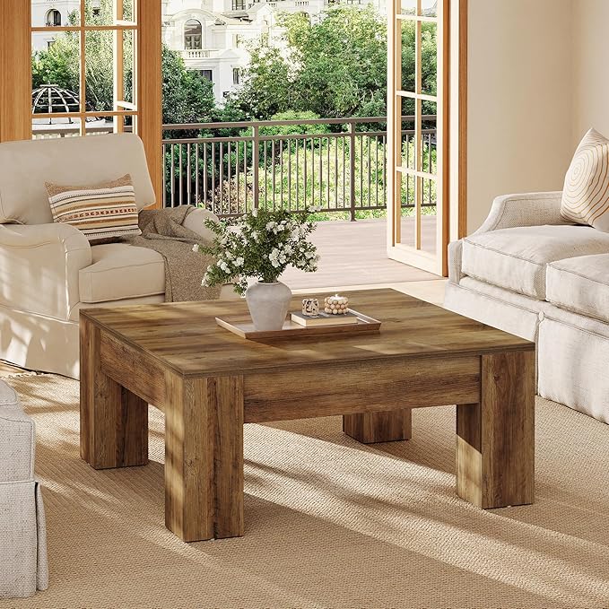 Tribesigns Farmhouse Square Coffee Table, 39-Inch Wooden Coffee Table with Sturdy Legs, Rustic Accent Center Table for Living Room, Easy Assembly, Rustic Brown