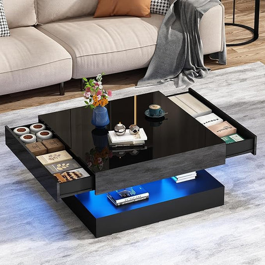 33.9" LED Coffee Table with Storage, Modern High Glossy Living Room Table w/2 Drawers,Double-Layer Design Large Square Center Table for Living Room, Home, Office, Black