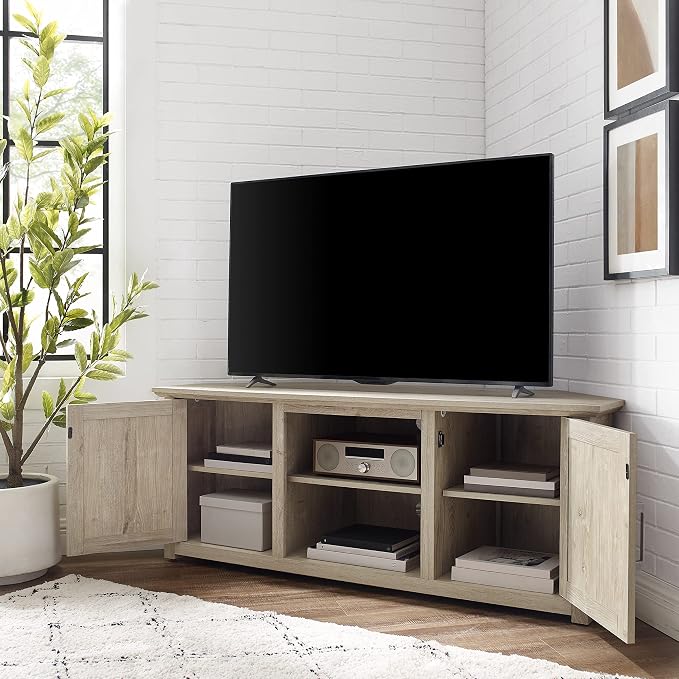 Crosley Furniture Camden Corner TV Stand for 65+ inch TVs, Entertainment Center with Storage Shelves, Frosted Oak - Image 7
