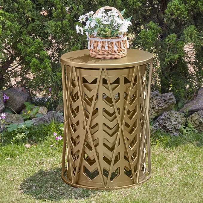 Y&M Set of 3 Gold End Tables, Nesting Metal Round Coffee Table, Heavy Duty Metal Plant Stand Garden Stool, Outdoor Multifunctional Use - Image 5