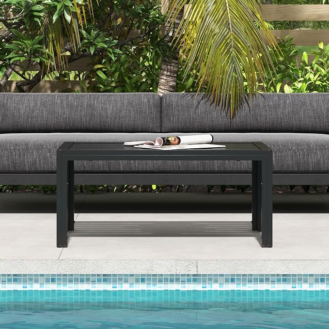 Outsunny Patio Coffee Table, Rectangle Outdoor Side Table with Steel Frame and Slat Tabletop for Garden, Balcony, Backyard, Porch, Black - Image 6