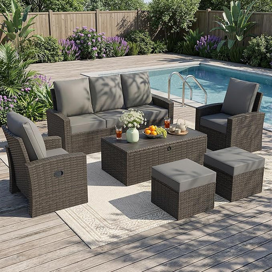 Outdoor Patio Furniture Set-6 All-Weather Wicker Outdoor Furniture with Patio Recliner Chairs Adjustable Back Outdoor Patio Conversation Sets for Garden Porch Deck Grey