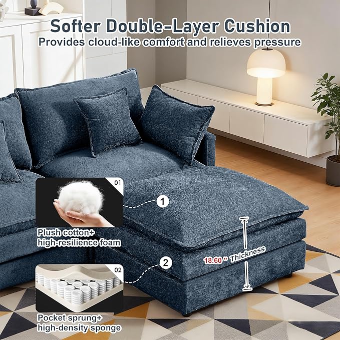 102" Cloud Couch Sectional, Modular Sectional Sofa with Chaise & 4 Removable Washable Pillows, Oversized L-Shaped Couch for Living Room, Modern 3-Seat Cloud Sofa Sectional with Deep Seat, Blue
