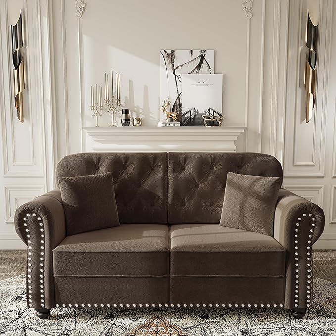 KEIKI 63" Velvet Chesterfield Sofa with Rolled Arms & Nailhead Trim & 2 Ottoman, Modern 2-Seater Button Tufted Couch with High Resilience Cushion & 2 Pillow, Easy Assembly, for Living Room, Brown