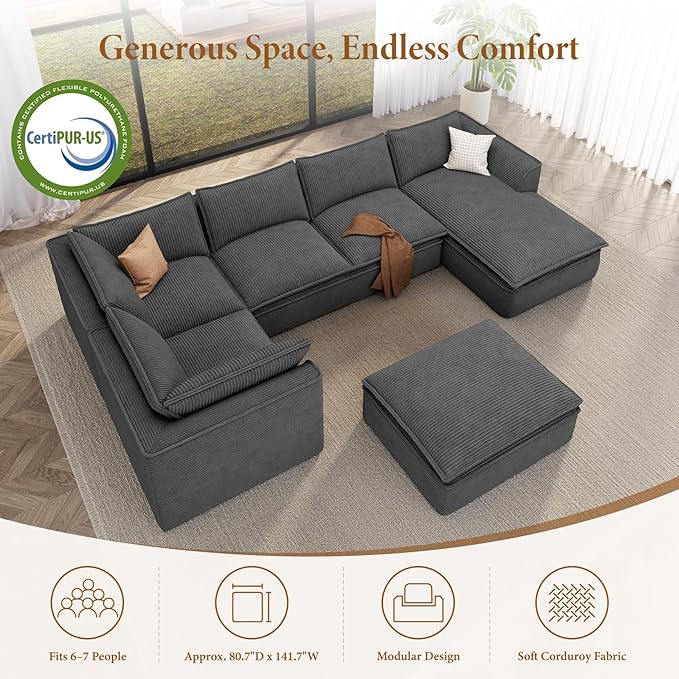Vesgantti 141.7" Oversized Boneless Sectional Couch, 7 Seater Modular Sofa with Chaise & Ottoman & Armrest, Deep Seat Corduroy Cloud Couches for Living Room, No Assembly Required, Dark Gray