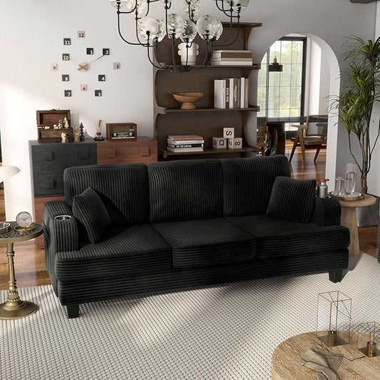 Homes: Inside + Out Reese Modern Plush Chenille Couch with Side Pockets, Cup Holders and USB Ports, Wooden Comfortable Sofa for Living Room, Bedroom and Office, Black