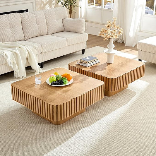 31.5" Square Coffee Table 2 Piece, Wooden Center Tea Table Accent End Table Set of 2 for Living Room Apartment, with Sturdy Curved Base & Solid Wood Fluted Side, Oak