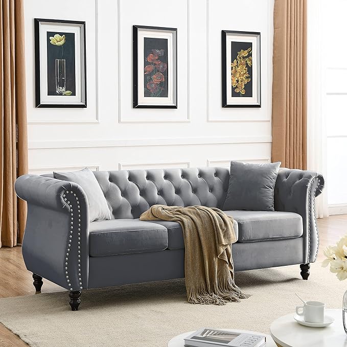 KEIKI Chesterfield Sofa, Retro Style Upholstered 3+3 Seats Velvet Couch with Rolled Arm for Living Room Bedroom Office, Grey