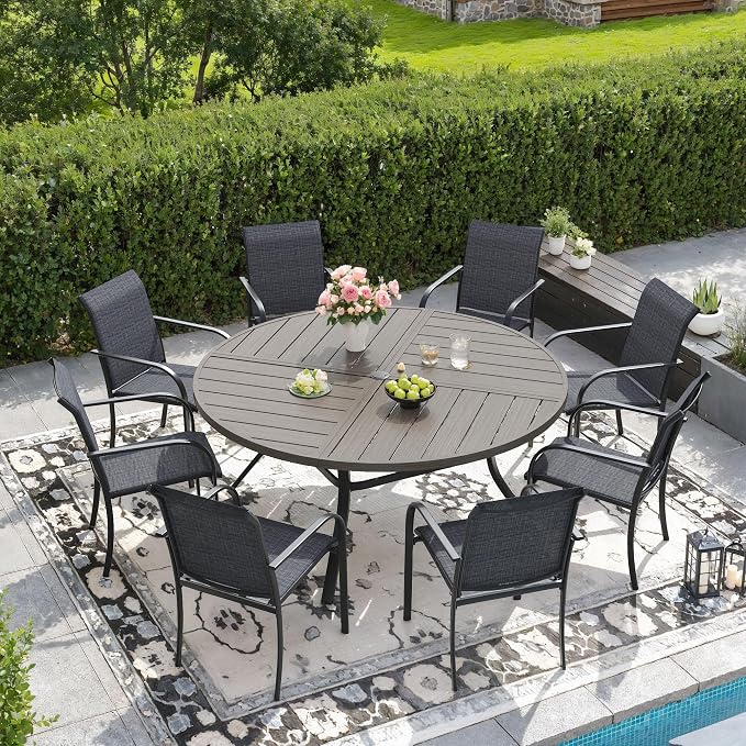 DIFY 9 Pieces Outdoor Patio Dining Set for 8, 53.1" Grey Wood-Like Round Metal Dining Table and 8 Grey Stackable Textilene Patio Chairs, Outdoor Table and Chairs for Backyard Garden Poolside by DIFY