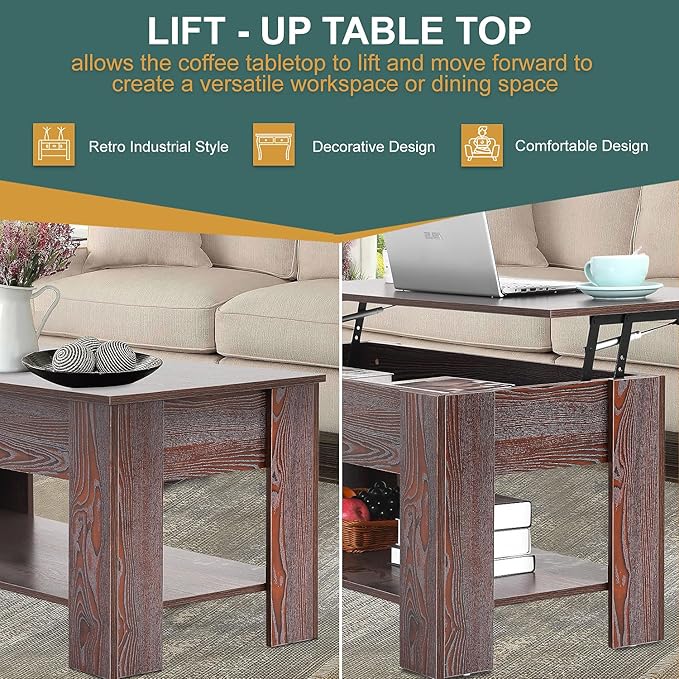 PayLessHere Coffee Table Lift Top Coffee Tables with Hidden Compartment and Storage Shelf Wooden Lift Tabletop Dining Table for Living Room Home (Espresso, 39" D x 28" W x 24" H)