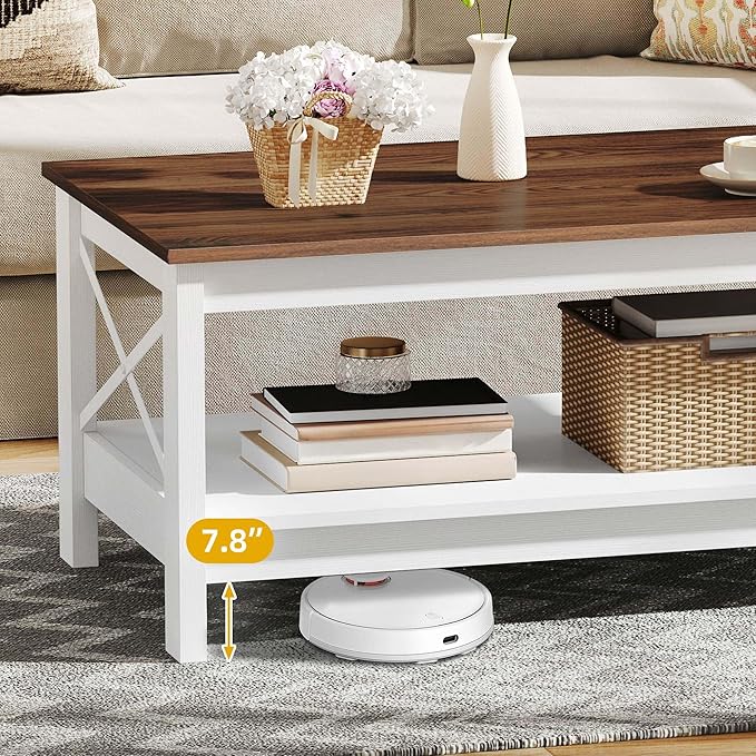 DWVO Rectangle Coffee Tables for Living Room Storage Table Wood Coffee Table with Thicker Legs 2 Tier Modern Coffee Table Center Table for Living Room, Brown