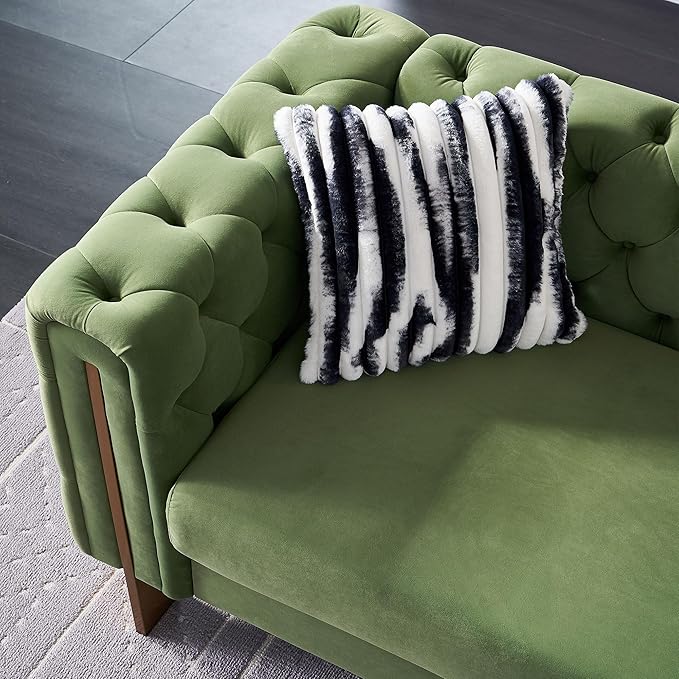 KEIKI 84" Chesterfield Velvet Tufted Button Sofa with Removable Cushions and 2 Toss Pillows, Modern 3-Seater Couch with 4 Gold Metal Leg, Easy Assembly, for Living Room, Bedroom, Apartment, Mint Green
