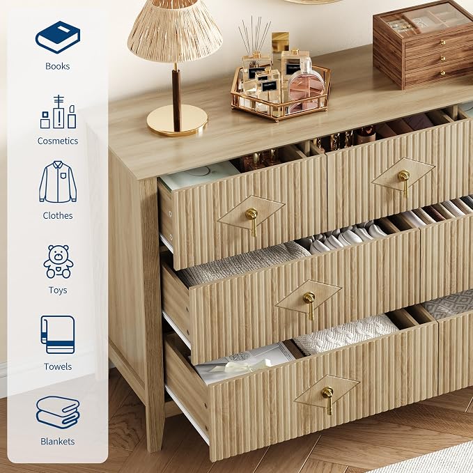 GarveeHome Fluted Dresser for Bedroom, 54 Inch Wide 7-Drawer Wood Dresser, Modern Chest of Drawers, Storage Organizer Cabinet for Living Room, Hallway, Entryway, Natural - Image 3