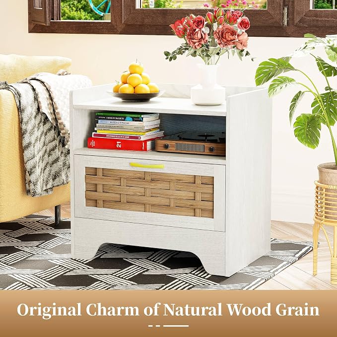 24" Rattan Nightstand Set of 2, Boho Night Stand with Open Storage, White Bedside Table with Drawer, Bed Side End Table Dresser for Bedroom, Living Room, Hallway - Image 3