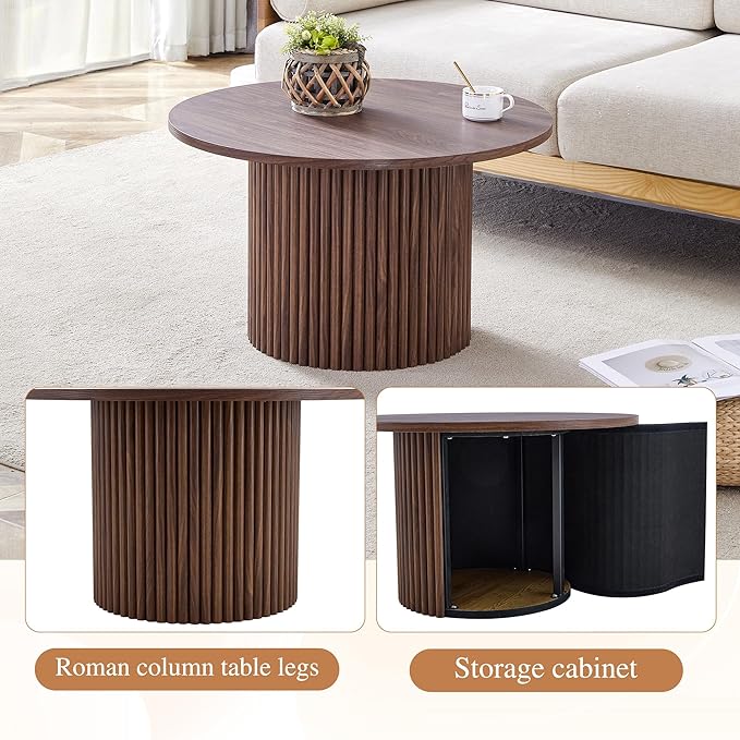 JUFU Round Coffee Table with Storage, 27.5IN Minimalist Fluted Coffee Table Circle Wood Center Table for Living Room (Walnut Coffee Table)