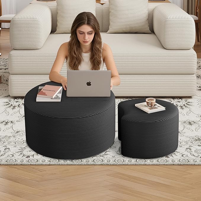 Nesting Coffee Table Set of 2, Round Corduroy Modular Sectional Sofa Stool Circle Foam Side Table for Living Room, Entryway and Small Spaces No Assembly (Dark Gray, 32"+17")