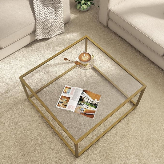 SAYGOER Glass Coffee Table Modern Coffee Tables for Living Room Square Minimalist Center Tables for Home Office 26.7 x 26.7 x 17.7, Gold