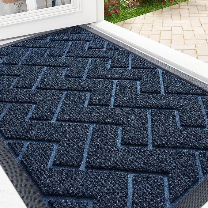 OLANLY Front Door Mat Indoor Outdoor Entrance, Waterproof All-Season, All-Weather Doormat, Sturdy Natural Rubber, Low Profile, Easy Clean Patio Porch Entryway Mat, Herringbone Brick (Blue, 36x24) by OLANLY