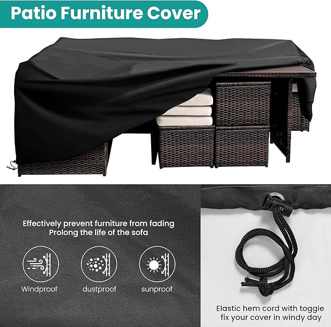 Patio Furniture Set, 7 Pieces Outdoor Patio Furniture with Dining Table&Chair, All Weather Wicker Conversation Set with Ottoman,Brown Rattan & Ivory Cushions (Include Sofa Dust Cover)