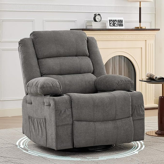Rocking Recliner Chair for Adults Wide 360° Swivel Rocker Recliner with Cup Holder Nursery Glider with Upholstered Deep Seat Linen Lazy boy Chair for Living Room Grey