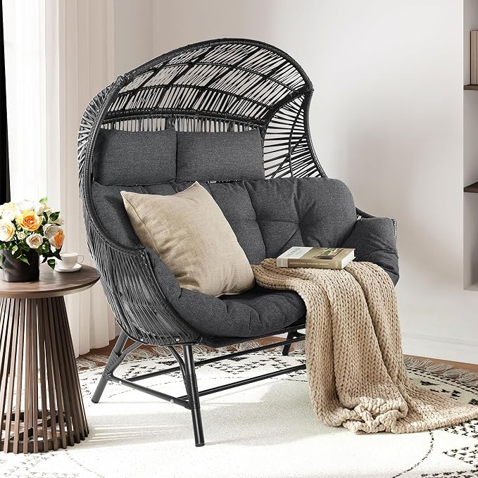 IRONCK Egg Chair Outdoor, Double Wicker Egg Lounge Chair, Upgraded Feet, Handrest and Padded Cushion, 700Lbs, Oversized Loveseat for Backyard, Patio, Living Room, Gray - Image 7